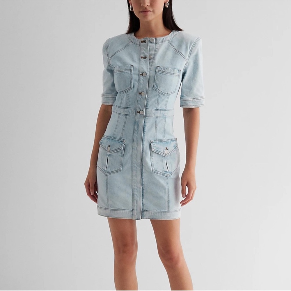 NWT Express Denim Padded Shoulder Mini Dress - Picture 2 of 6